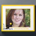Water polo player black silhouette custom plaque<br><div class="desc">Water polo player black silhouette that features a minimalist pictogram icon of a black silhouette of a water ball player holding his ball in front of the goal and your text on white background with yellow border. Personalize it and change text with monogram, name or your message. The perfect gift...</div>
