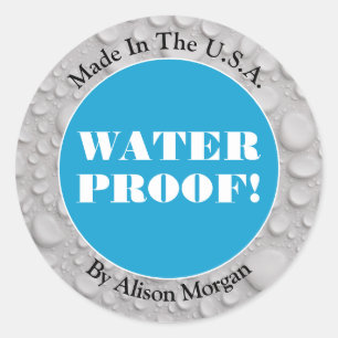 Water Proof, White Text, 3 Text Lines, Blue Photo Classic Round Sticker