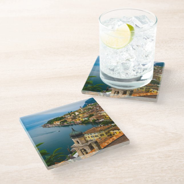 Water | San Benedetto Church Lake Garda, Italy Glass Coaster (Angled)