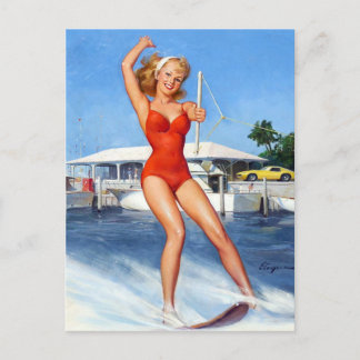 Water Ski Pin Up Postcard