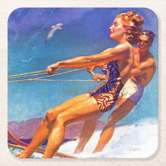 Water Skier by McClelland Barclay Square Paper Coaster (Front)