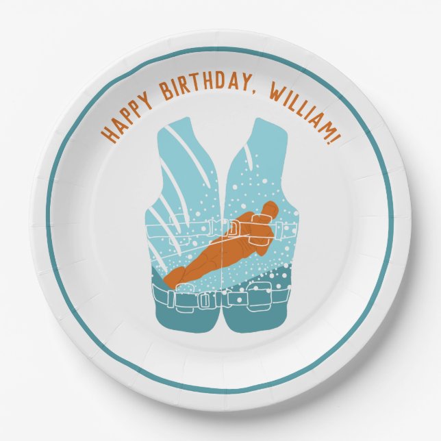 Water Skiing Life Jacket Graphic Personalized Paper Plate (Front)