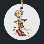 Water Skiing Stick Figure Ceramic Ornament<br><div class="desc">A stick figure boy water skis on cute stick figure water skiing T-shirts,  mugs,  mousepads,  cards,  stickers,  and more,  great for anyone who loves the beach and water skiing,  can be customized with text or a name!</div>