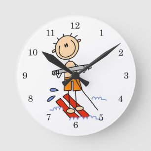 Water Skiing Stick Figure Round Clock