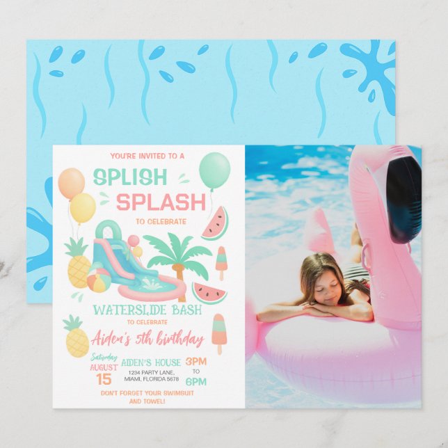 Water Slide Birthday Party Bash Photo Invitation (Front/Back)