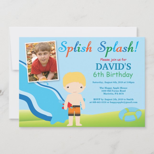 Water Slide Pool Party Birthday Invitation Boy (Front)