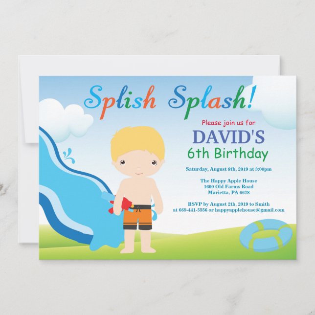 Water Slide Pool Party Birthday Invitation Boy (Front)