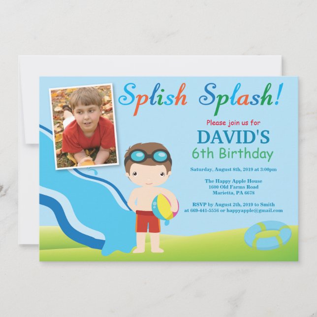 Water Slide Pool Party Birthday Invitation Boy (Front)