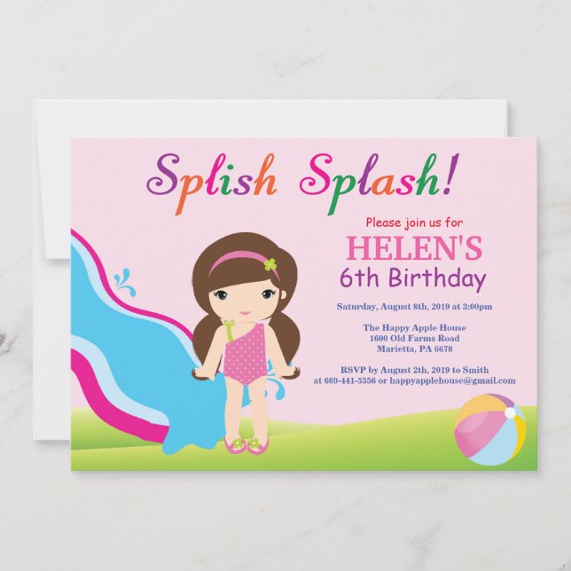 Water Slide Pool Party Birthday Invitation Girl (Front)