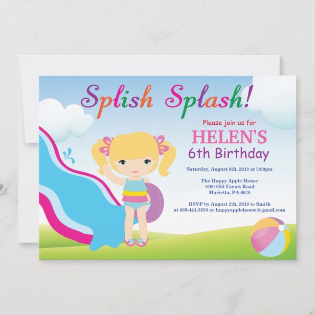 Water Slide Pool Party Birthday Invitation Girl (Front)