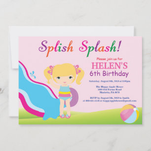 Water Slide Pool Party Birthday Invitation Girl