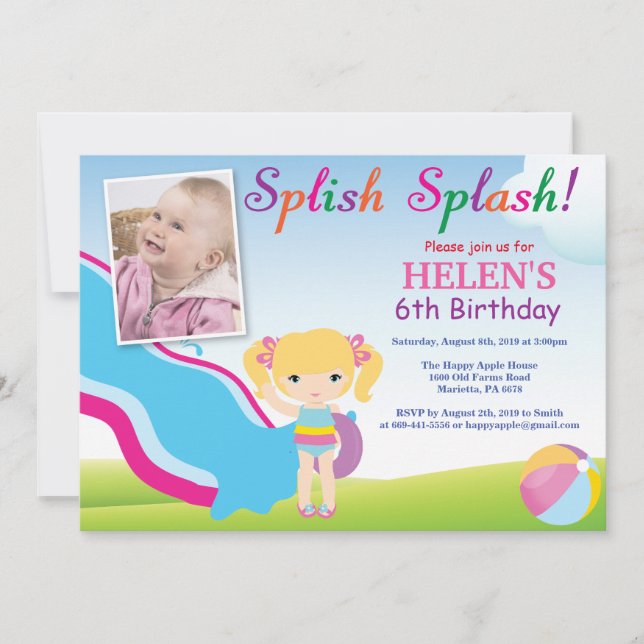Water Slide Pool Party Birthday Invitation Girl (Front)