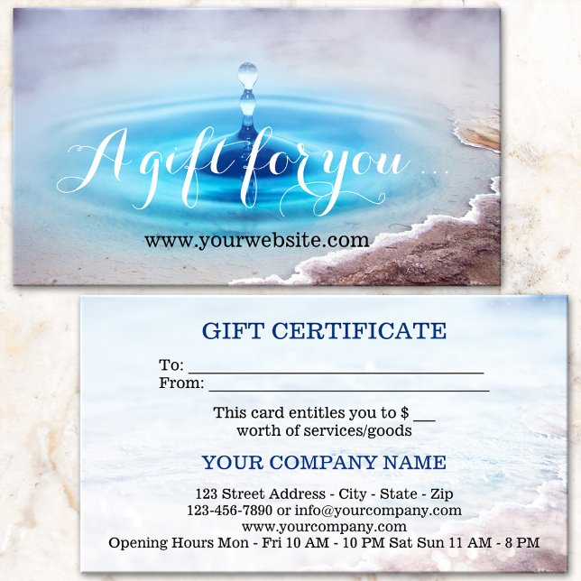 Water Source Spa Massage Gift Certificate Template (Gift certificate card featuring an artistic representation of a hot water source - spa - wellness)