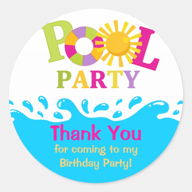 Water Splash Girl Pool Party Thank You Sticker (Front)