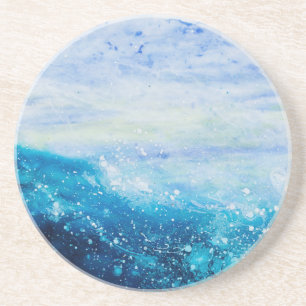 Water waves ocean wave blue teal painting coaster
