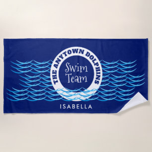 Water Waves Swim Team Personalized Dark Blue Beach Towel