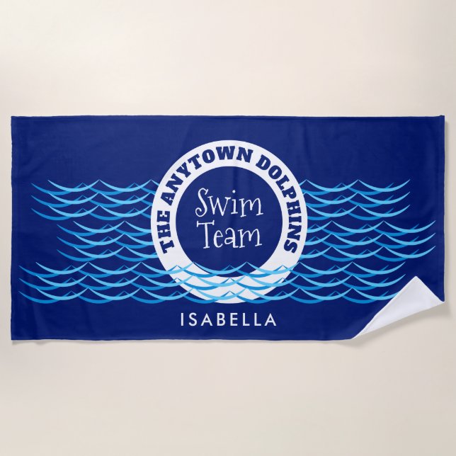 Water Waves Swim Team Personalized Dark Blue Beach Towel (Front)