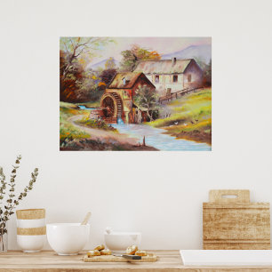 Water wheel in river landscape painting poster