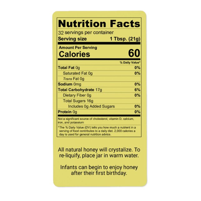 Water White Honey Jar Nutrition Facts Labels (Front)