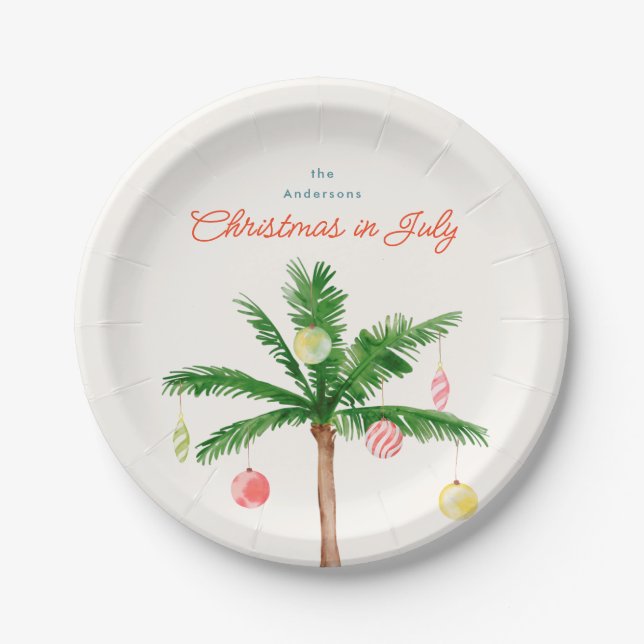 Watercolo Palm Tree Christmas in July Summer Party Paper Plate (Front)