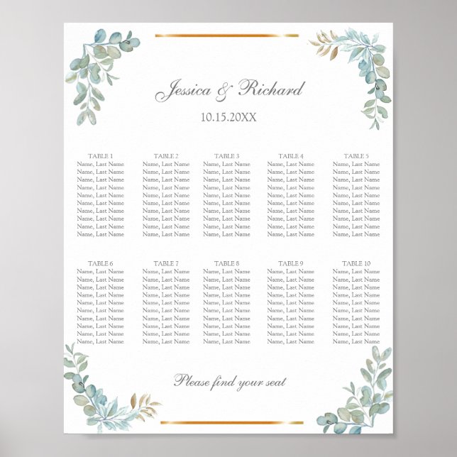 Watercolor 10 Tables Seating Chart Poster Sign (Front)