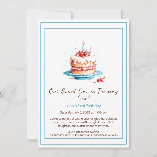 Watercolor 1st Birthday Invitation with Cake Candl (Front)