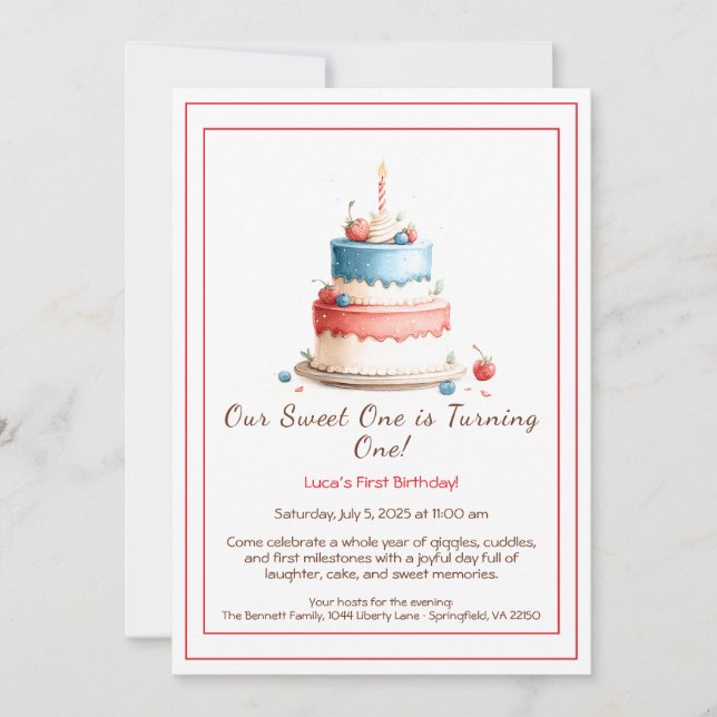 Watercolor 1st Birthday Invitation with Cake Candl (Front)