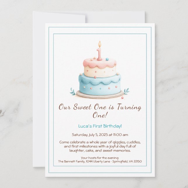 Watercolor 1st Birthday Invitation with Cake Candl (Front)
