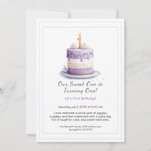 Watercolor 1st Birthday Invitation with Cake lilac