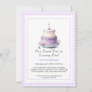 Watercolor 1st Birthday Invitation with Cake lilac