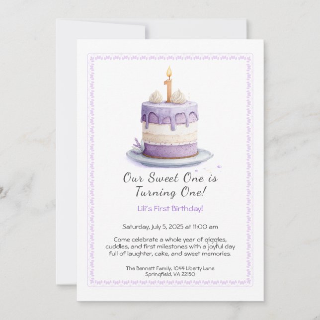 Watercolor 1st Birthday Invitation with Cake lilac (Front)