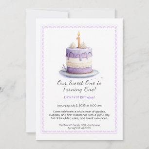 Watercolor 1st Birthday Invitation with Cake lilac