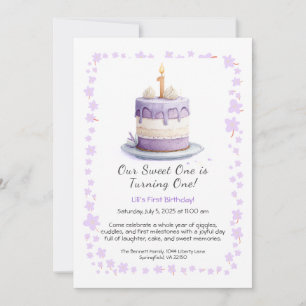 Watercolor 1st Birthday Invitation with Cake lilac