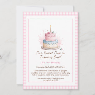 Watercolor 1st Birthday Invitation with Cake pink