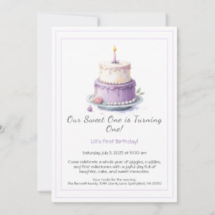 Watercolor 1st Birthday Invitation with lilac cake
