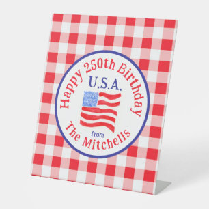Watercolor 250 Birthday USA Flag Red Check  Pedestal Sign