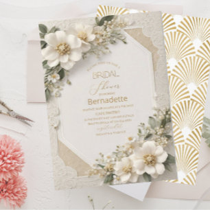  Watercolor 3D white flowers  gold  Bridal Shower Invitation