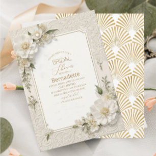 Watercolor 3D white flowers gold Bridal Shower Invitation