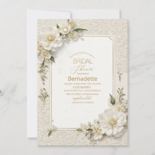  Watercolor 3D white flowers  gold  Bridal Shower Invitation