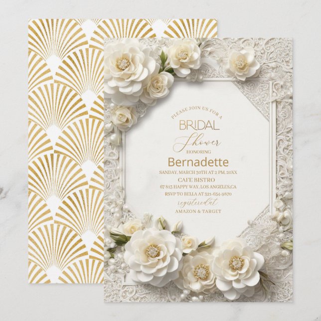 Watercolor 3D white flowers  gold  Bridal Shower Invitation (Front/Back)