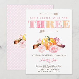watercolor 3rd birthday party invite, boho pumpkin invitation