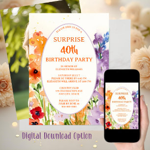 Watercolor 40th Photo Custom Surprise Birthday Inv Holiday Card