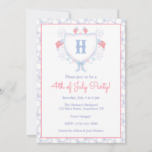 Watercolor 4th of July Fireworks Monogram Crest Invitation