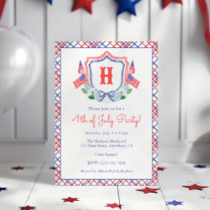 Watercolor 4th of July Hydrangeas Monogram Crest Invitation