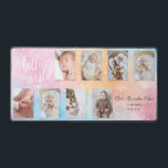 Watercolor 8-Photo Baby Collage w/Custom Script Desk Mat<br><div class="desc">Unique watercolor style pastel pink,  blue and orange splatter design featuring eight-photo collage template with custom "Hello World" script and three editable text fields. Each photo template has a subtle drop shadow effect.</div>