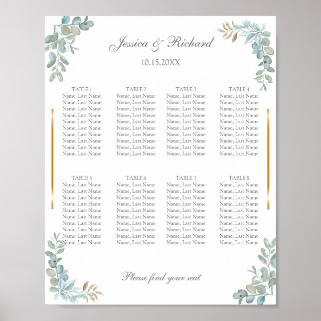 Watercolor 8 Tables Seating Chart Poster Sign (Front)