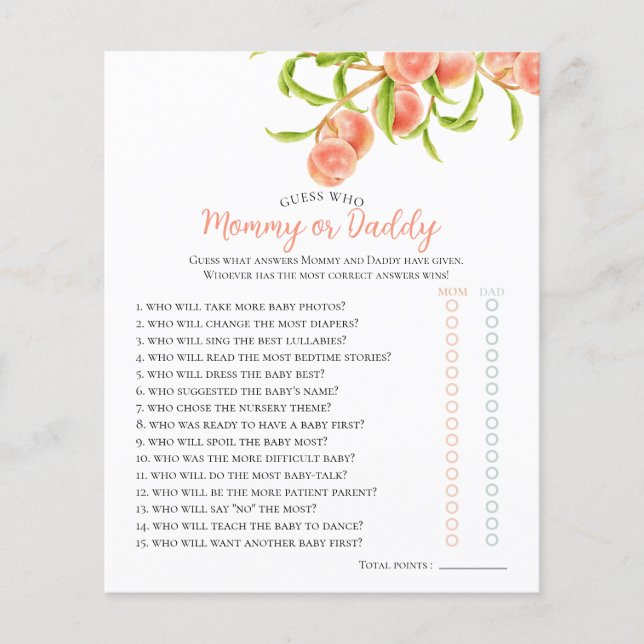 Watercolor A Sweet Little Peach Baby Shower Game (Front)