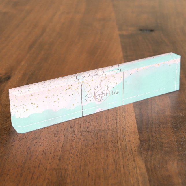 Watercolor abstract and golden confetti design nameplate (Side)