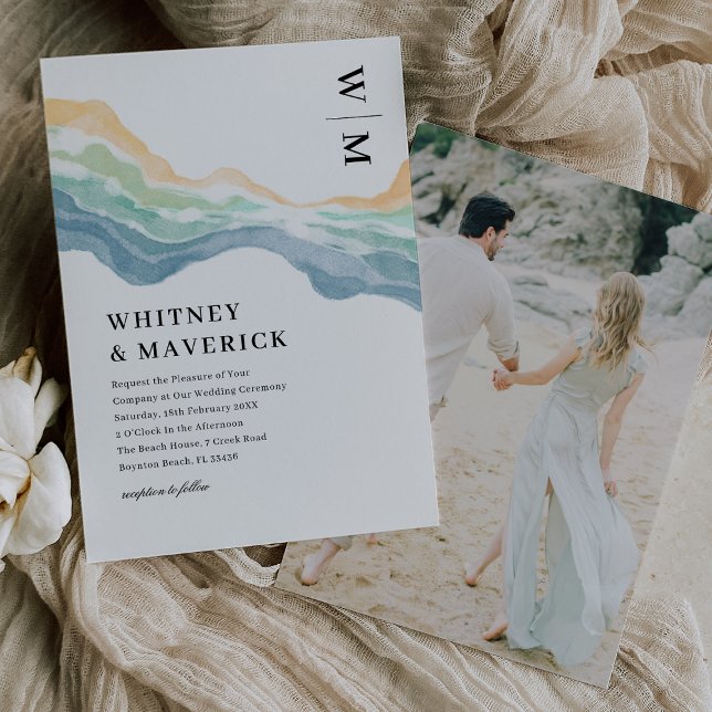 Watercolor Abstract Beach Photo Wedding Invitation (Creator Uploaded)