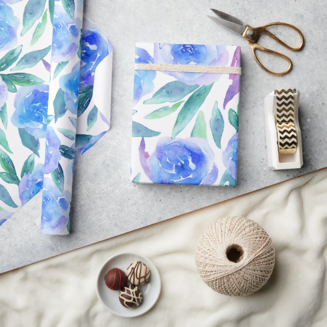 Watercolor abstract blue garden floral pattern wrapping paper (Crafts)